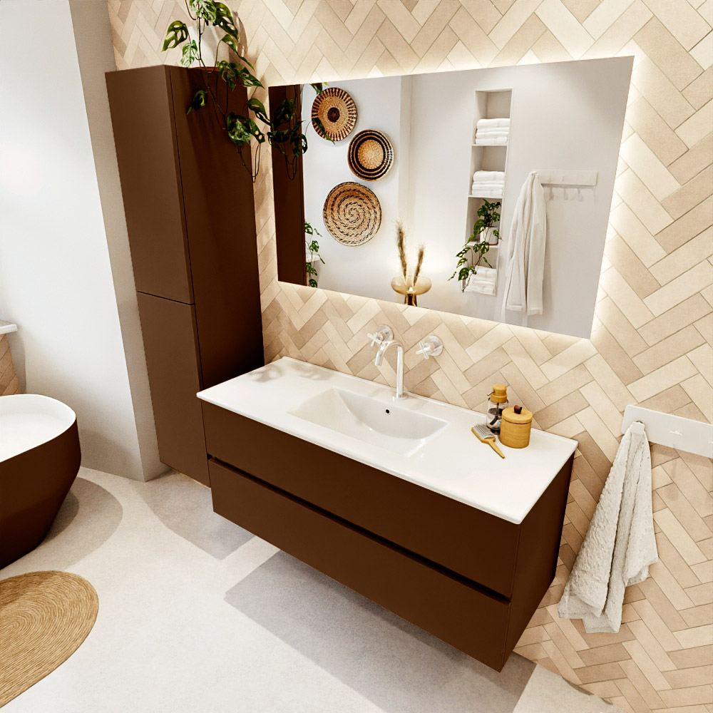 MONDIAZ VICA 120cm mueble de baño Rust 2 cajones. Lavabo DENIA Centro 1 orificio, color Blanco brillo. 1 MONDIAZ VICA 120cm mueble de baño Rust 2 cajones. Lavabo DENIA Centro 1 orificio