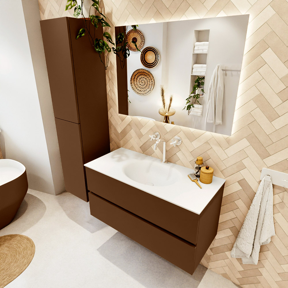 MONDIAZ VICA 100cm mueble de baño Rust 2 cajones. Lavabo MOON Centro 1 orificio color Talc con espejo LED. 1 MONDIAZ VICA 100cm mueble de baño Rust 2 cajones. Lavabo MOON Centro 1 orificio color Talc con espejo LED.