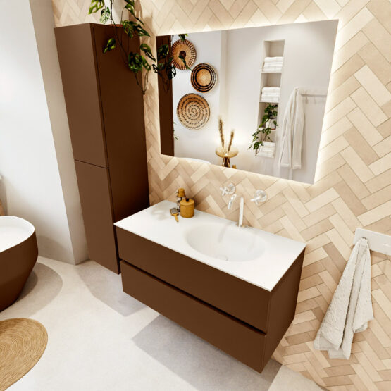 MONDIAZ VICA 100cm mueble de baño Rust 2 cajones. Lavabo MOON Derecho 1 orificio color Talc con espejo LED.