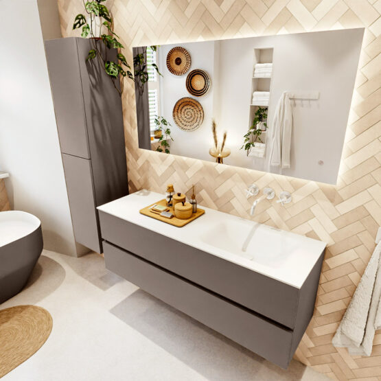 MONDIAZ VICA 140cm mueble de baño Smoke 2 cajones. Lavabo CLOUD Derecho sin orificio