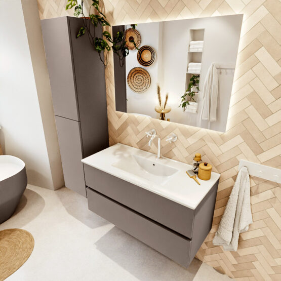 MONDIAZ VICA 100cm mueble de baño Smoke 2 cajones. Lavabo DENIA Centro 1 orificio