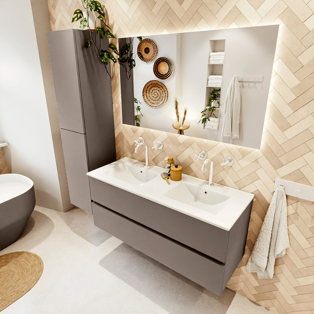MONDIAZ VICA 120cm mueble de baño Smoke 2 cajones. Lavabo DENIA Doble 2 orificios, color Blanco brillo. 1 MONDIAZ VICA 120cm mueble de baño Smoke 2 cajones. Lavabo DENIA Doble 2 orificios
