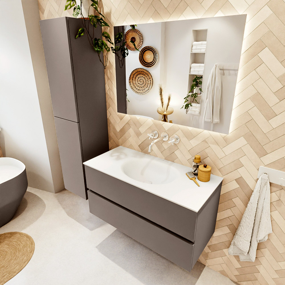 MONDIAZ VICA 100cm mueble de baño Smoke 2 cajones. Lavabo MOON Centro sin orificio color Talc con espejo LED. 1 MONDIAZ VICA 100cm mueble de baño Smoke 2 cajones. Lavabo MOON Centro sin orificio color Talc con espejo LED.