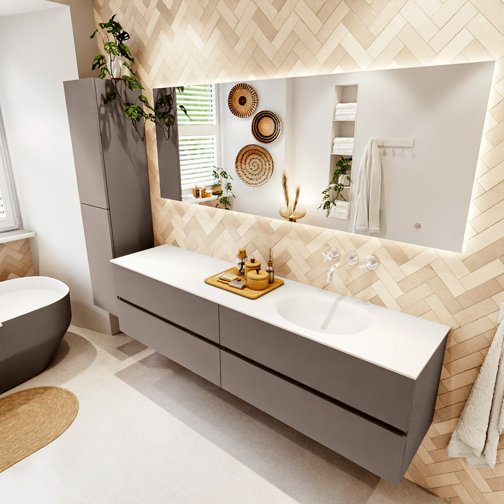 MONDIAZ VICA 190cm mueble de baño Smoke 4 cajones. Lavabo MOON Derecho sin orificio, color Talc. 1 MONDIAZ VICA 190cm mueble de baño Smoke 4 cajones. Lavabo MOON Derecho sin orificio