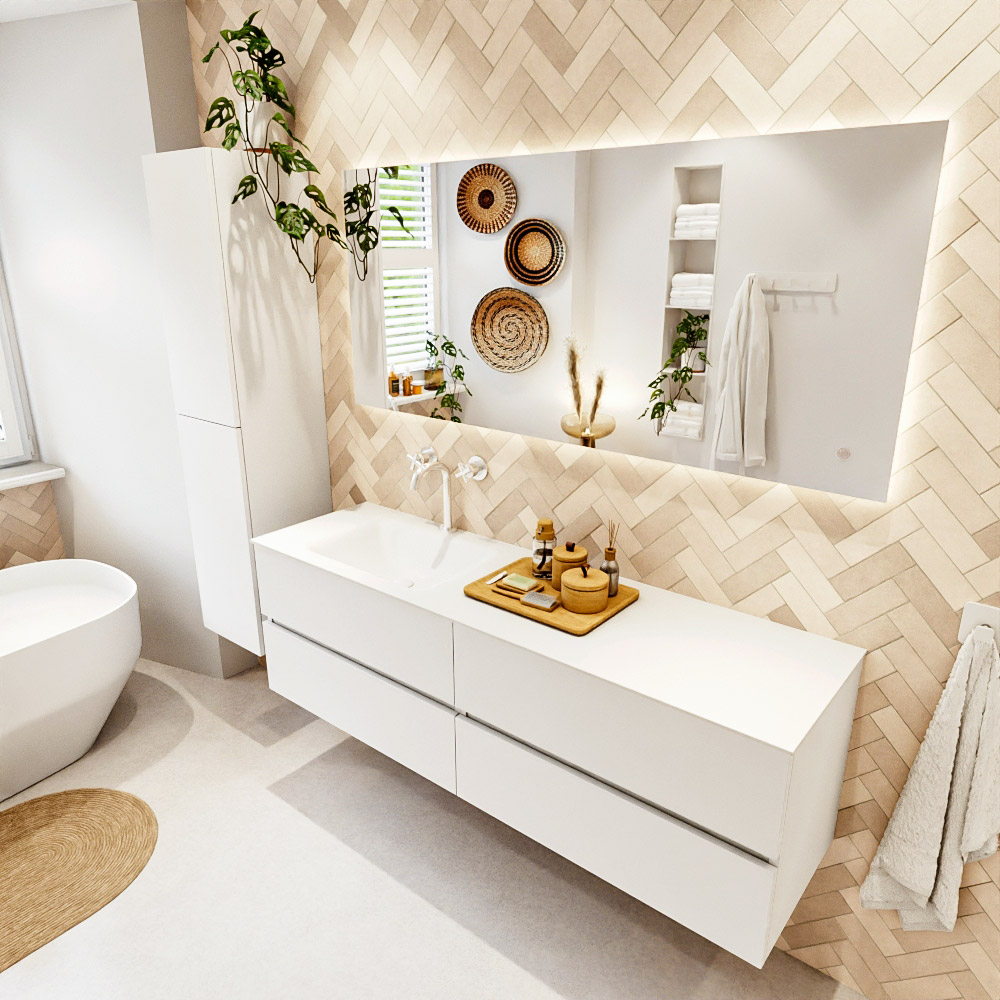 MONDIAZ VICA 160cm mueble de baño Talc 4 cajones. Lavabo CLOUD Izquierda 1 orificio, color Talc. 1 MONDIAZ VICA 160cm mueble de baño Talc 4 cajones. Lavabo CLOUD Izquierda 1 orificio