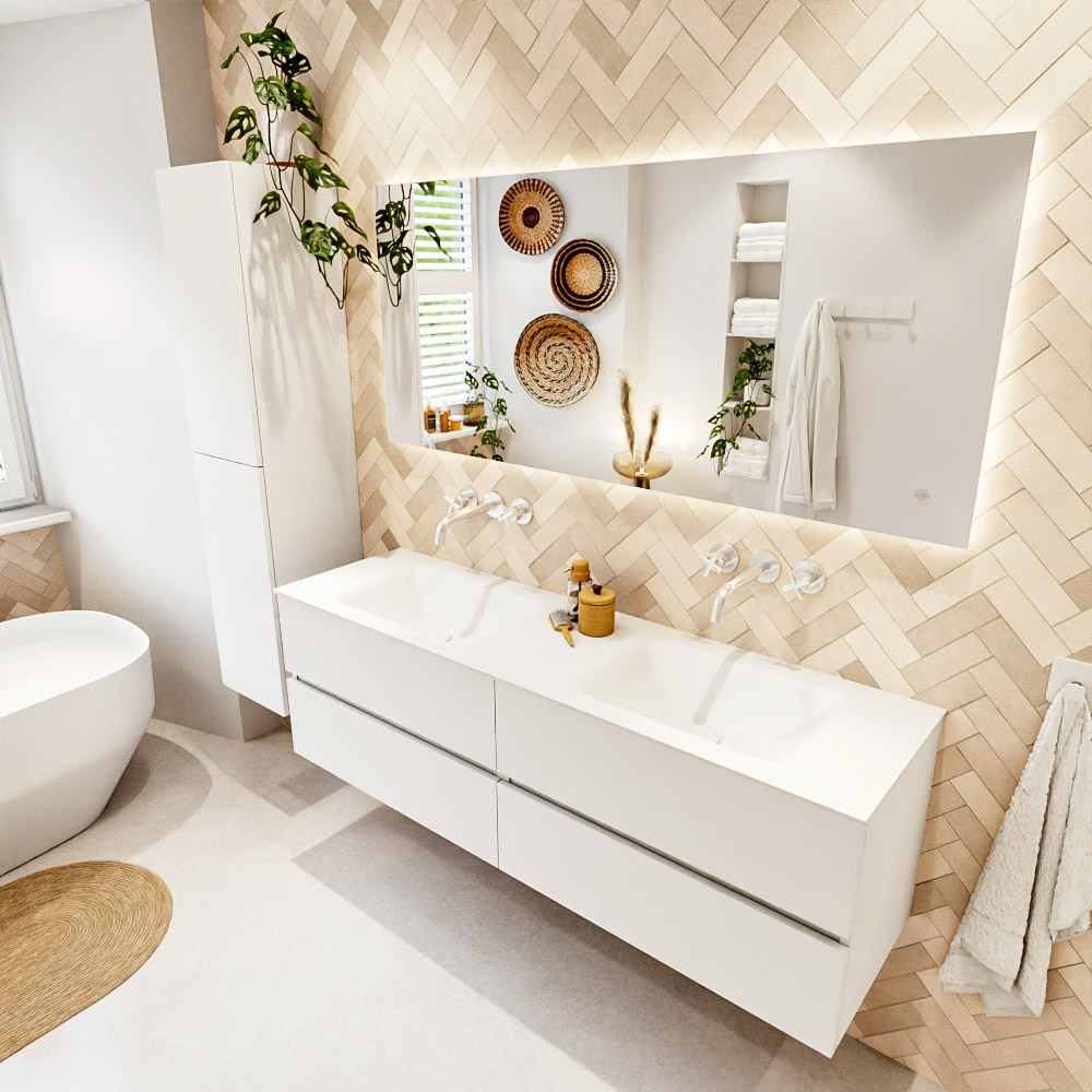 MONDIAZ VICA 160cm mueble de baño Talc 4 cajones. Lavabo CLOUD Doble sin orificio, color Talc. 1 MONDIAZ VICA 160cm mueble de baño Talc 4 cajones. Lavabo CLOUD Doble sin orificio