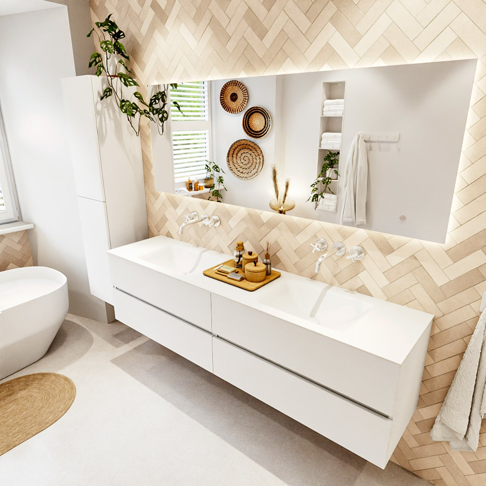 MONDIAZ VICA 190cm mueble de baño Talc 4 cajones. Lavabo CLOUD Doble sin orificio, color Talc. 1 MONDIAZ VICA 190cm mueble de baño Talc 4 cajones. Lavabo CLOUD Doble sin orificio