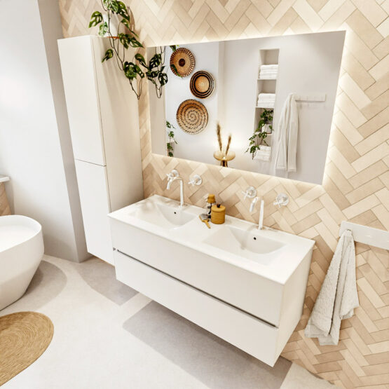 MONDIAZ VICA 120cm mueble de baño Talc 2 cajones. Lavabo DENIA Doble 2 orificios