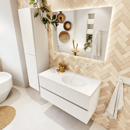 MONDIAZ VICA 100cm mueble de baño Talc 2 cajones. Lavabo MOON Derecho sin orificio color Talc con espejo LED.