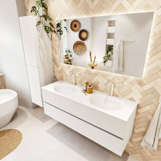 MONDIAZ VICA 140cm mueble de baño Talc 2 cajones. Lavabo MOON Doble 2 orificios