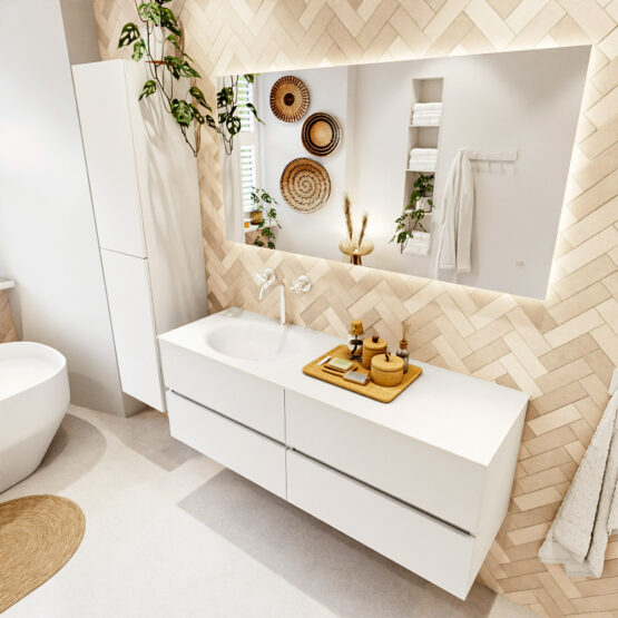 MONDIAZ VICA 140cm mueble de baño Talc 4 cajones. Lavabo MOON Izquierda 1 orificio