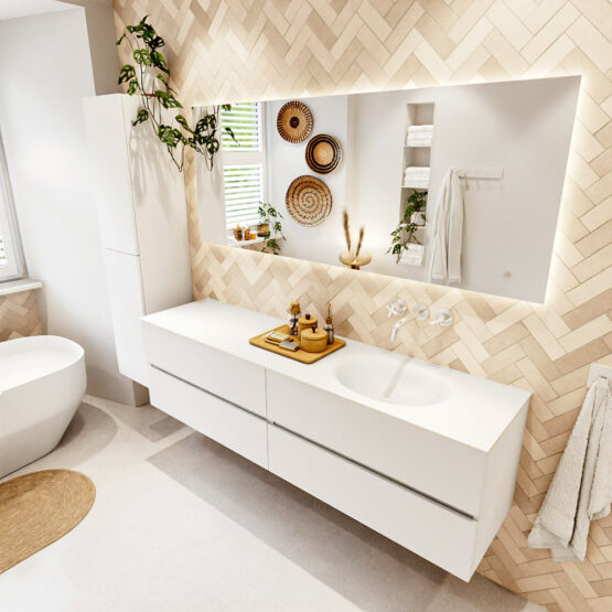 MONDIAZ VICA 180cm mueble de baño Talc 4 cajones. Lavabo MOON Derecho sin orificio