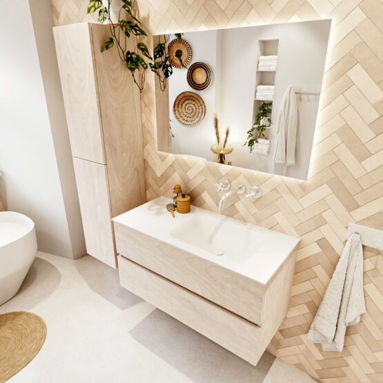 MONDIAZ VICA 100cm mueble de baño Underlayment 2 cajones. Lavabo CLOUD Derecho sin orificio color Talc con espejo LED.