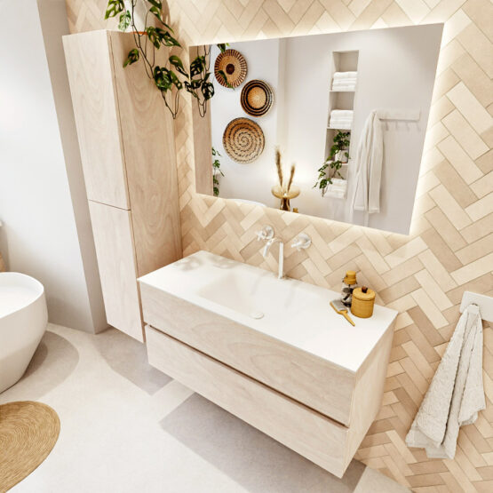 MONDIAZ VICA 110cm mueble de baño Underlayment 2 cajones. Lavabo CLOUD Centro 1 orificio color Talc con espejo LED.