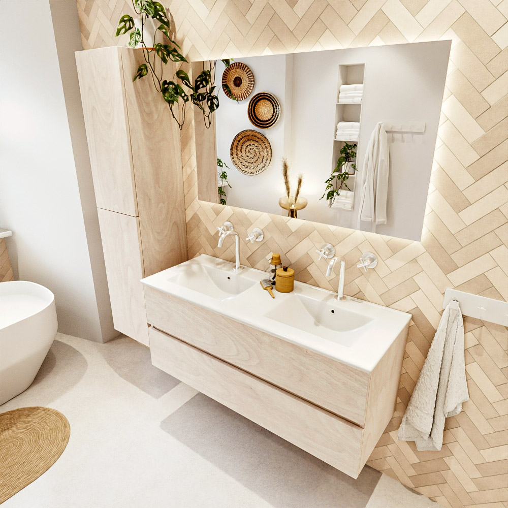 MONDIAZ VICA 120cm mueble de baño Underlayment 2 cajones. Lavabo DENIA Doble 2 orificios, color Blanco brillo. 1 MONDIAZ VICA 120cm mueble de baño Underlayment 2 cajones. Lavabo DENIA Doble 2 orificios