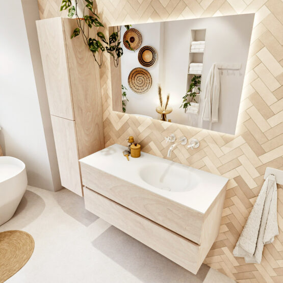 MONDIAZ VICA 110cm mueble de baño Underlayment 2 cajones. Lavabo MOON Derecho sin orificio color Talc con espejo LED.