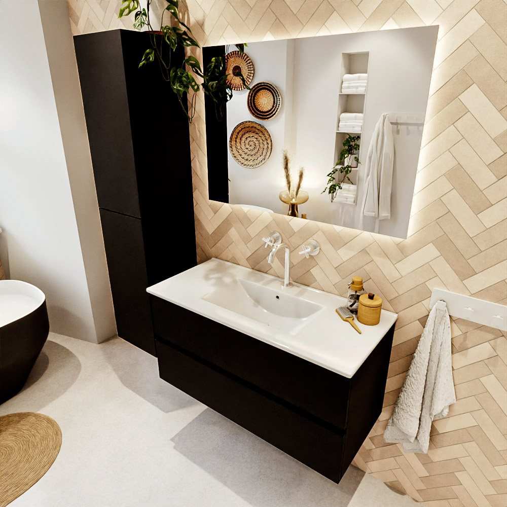 MONDIAZ VICA 100cm mueble de baño Urban 2 cajones. Lavabo DENIA Centro 1 orificio, color Blanco brillo. 1 MONDIAZ VICA 100cm mueble de baño Urban 2 cajones. Lavabo DENIA Centro 1 orificio