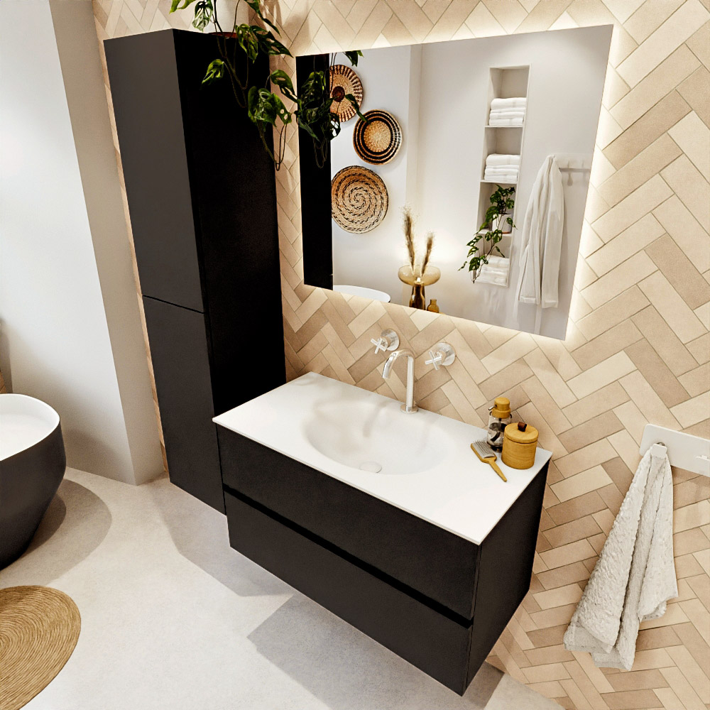 MONDIAZ VICA 90cm mueble de baño Urban 2 cajones. Lavabo MOON Centro 1 orificio, color Talc. 1 MONDIAZ VICA 90cm mueble de baño Urban 2 cajones. Lavabo MOON Centro 1 orificio