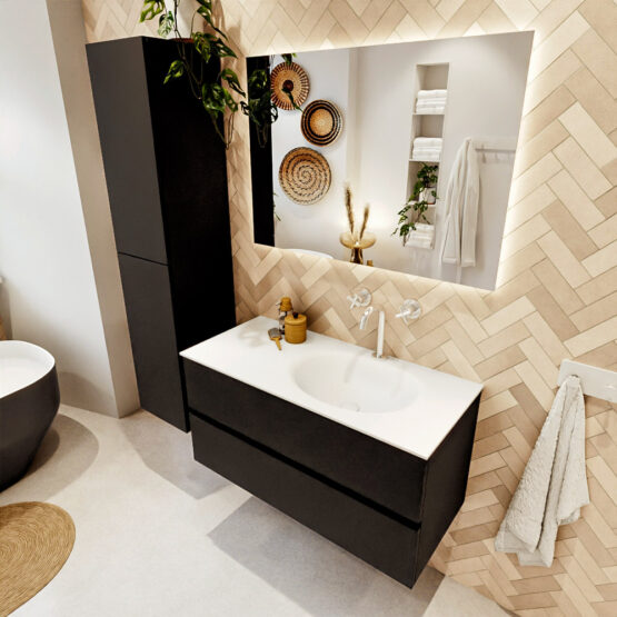 MONDIAZ VICA 100cm mueble de baño Urban 2 cajones. Lavabo MOON Derecho 1 orificio color Talc con espejo LED.