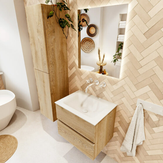 MONDIAZ VICA 60cm mueble de baño Washed Oak 2 cajones. Lavabo CLOUD Centro sin orificio