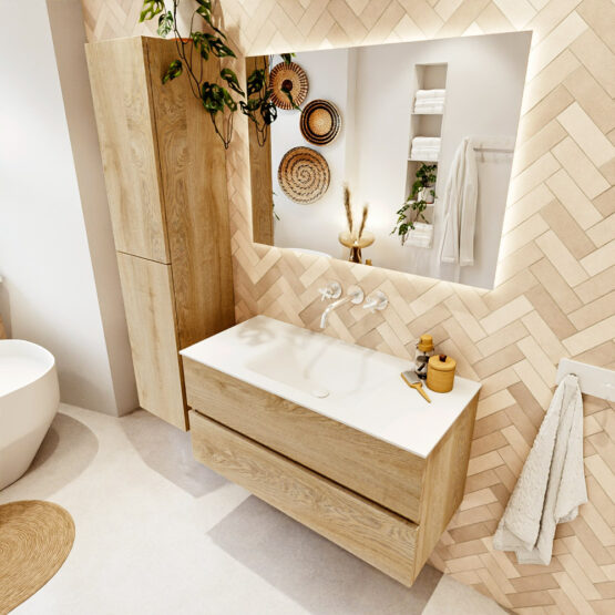MONDIAZ VICA 100cm mueble de baño Washed Oak 2 cajones. Lavabo CLOUD Centro sin orificio color Talc con espejo LED.