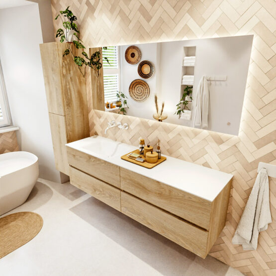 MONDIAZ VICA 170cm mueble de baño Washed Oak 4 cajones. Lavabo CLOUD Izquierda sin orificio