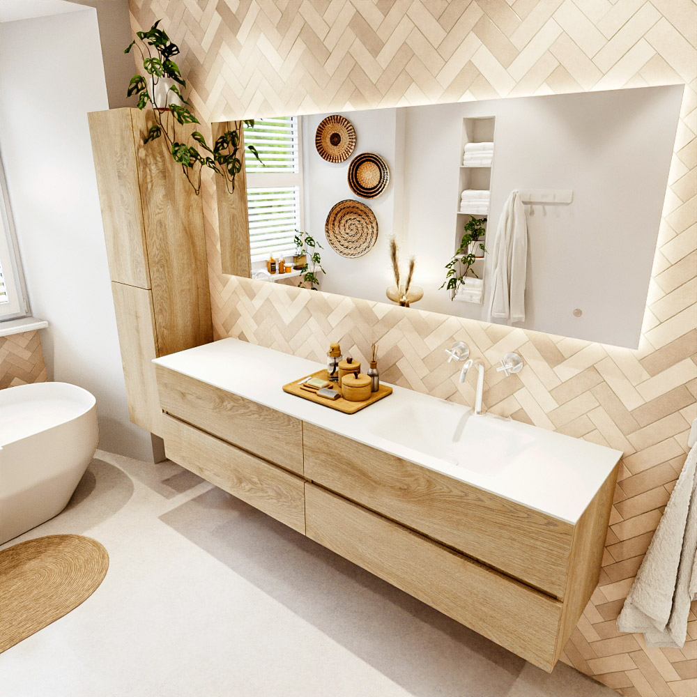 MONDIAZ VICA 190cm mueble de baño Washed Oak 4 cajones. Lavabo CLOUD Derecho 1 orificio, color Talc. 1 MONDIAZ VICA 190cm mueble de baño Washed Oak 4 cajones. Lavabo CLOUD Derecho 1 orificio