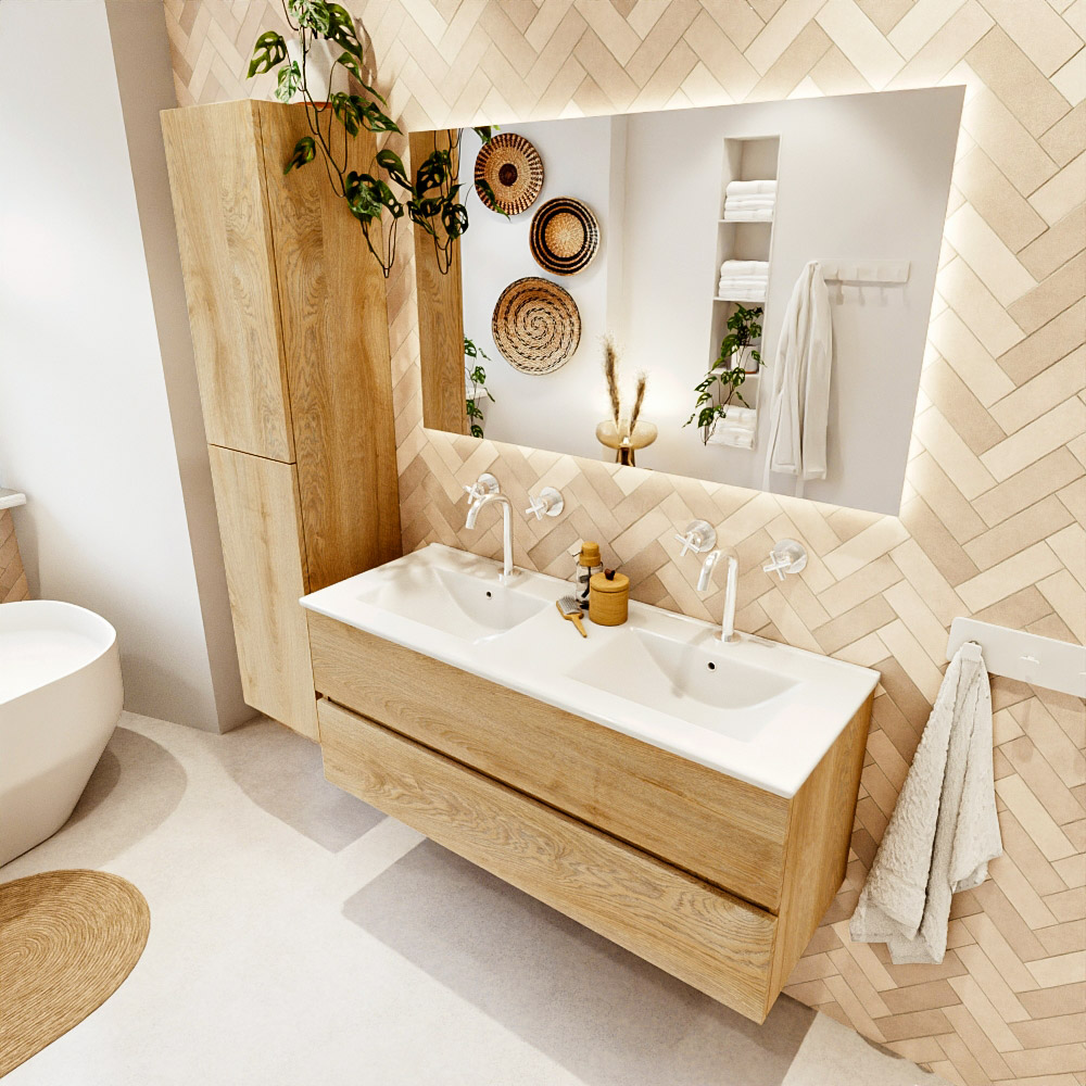 MONDIAZ VICA 120cm mueble de baño Washed Oak 2 cajones. Lavabo DENIA Doble 2 orificios, color Blanco brillo. 1 MONDIAZ VICA 120cm mueble de baño Washed Oak 2 cajones. Lavabo DENIA Doble 2 orificios