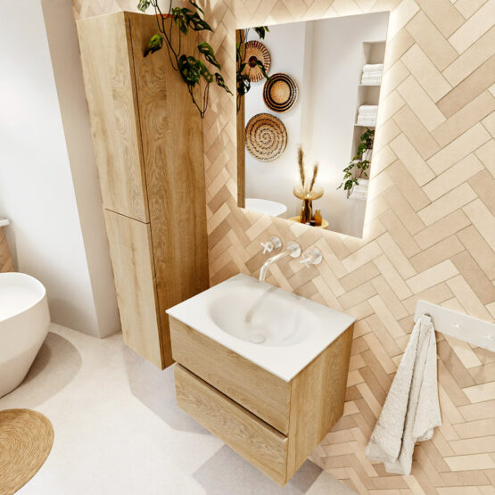 MONDIAZ VICA 60cm mueble de baño Washed Oak 2 cajones. Lavabo MOON Centro sin orificio