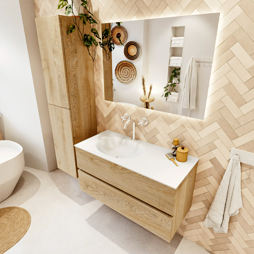 MONDIAZ VICA 100cm mueble de baño Washed Oak 2 cajones. Lavabo MOON Izquierda 1 orificio color Talc con espejo LED. 1 MONDIAZ VICA 100cm mueble de baño Washed Oak 2 cajones. Lavabo MOON Izquierda 1 orificio color Talc con espejo LED.
