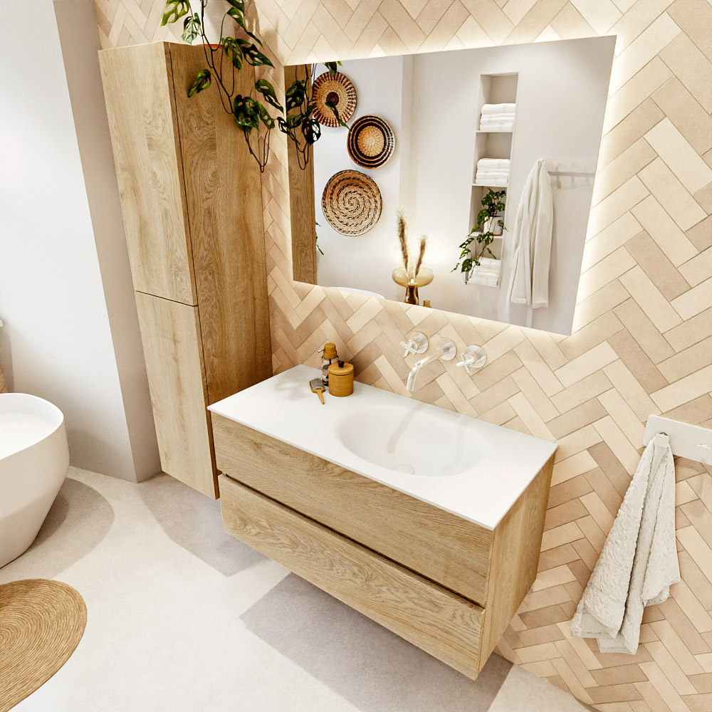 MONDIAZ VICA 100cm mueble de baño Washed Oak 2 cajones. Lavabo MOON Derecho sin orificio color Talc con espejo LED. 1 MONDIAZ VICA 100cm mueble de baño Washed Oak 2 cajones. Lavabo MOON Derecho sin orificio color Talc con espejo LED.