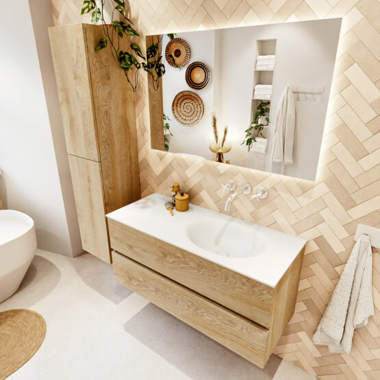 MONDIAZ VICA 110cm mueble de baño Washed Oak 2 cajones. Lavabo MOON Derecho sin orificio color Talc con espejo LED.