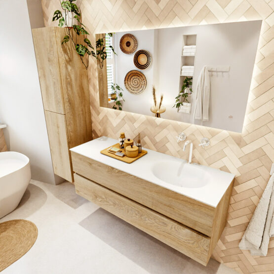 MONDIAZ VICA 140cm mueble de baño Washed Oak 2 cajones. Lavabo MOON Derecho 1 orificio