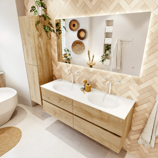 MONDIAZ VICA 140cm mueble de baño Washed Oak 4 cajones. Lavabo MOON Doble 2 orificios