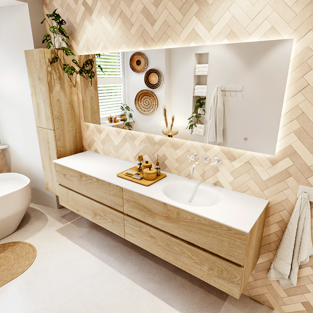 MONDIAZ VICA 200cm mueble de baño Washed Oak 4 cajones. Lavabo MOON Derecho sin orificio, color Talc. 1 MONDIAZ VICA 200cm mueble de baño Washed Oak 4 cajones. Lavabo MOON Derecho sin orificio