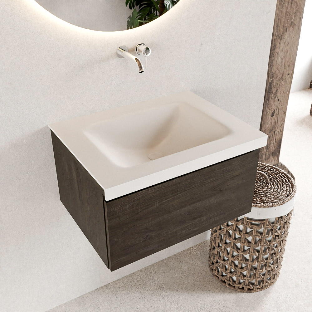 MONDIAZ BUKLA 60cm mueble de baño Dark Brown 1 cajón. Lavabo CLOUD centro sin orificios color Talc 1 MONDIAZ BUKLA 60cm mueble de baño Dark Brown 1 cajón. Lavabo CLOUD centro sin orificios color Talc