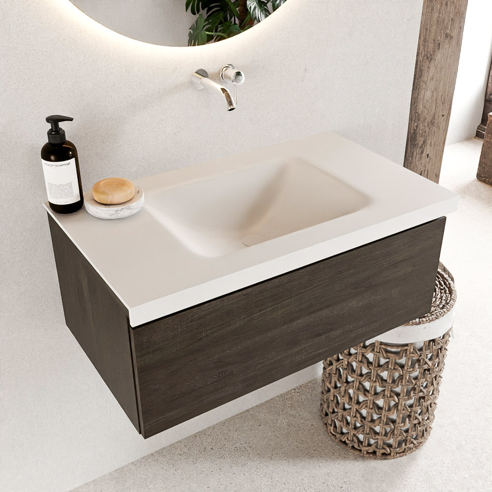 MONDIAZ BUKLA 80cm mueble de baño Dark Brown 1 cajón. Lavabo CLOUD centro sin orificios color Talc 1 MONDIAZ BUKLA 80cm mueble de baño Dark Brown 1 cajón. Lavabo CLOUD centro sin orificios color Talc