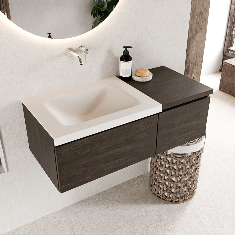 MONDIAZ BUKLA 100cm mueble de baño con módulo 40 Dark Brown 2 cajones. Lavabo CLOUD izquierda sin orificios color Talc 1 MONDIAZ BUKLA 100cm mueble de baño con módulo 40 Dark Brown 2 cajones. Lavabo CLOUD izquierda sin orificios color Talc