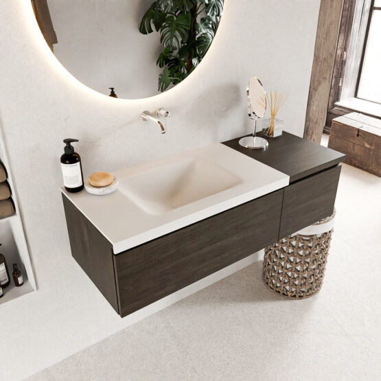 MONDIAZ BUKLA 120cm mueble de baño con módulo 40 Dark Brown 2 cajones. Lavabo CLOUD izquierda sin orificios color Talc