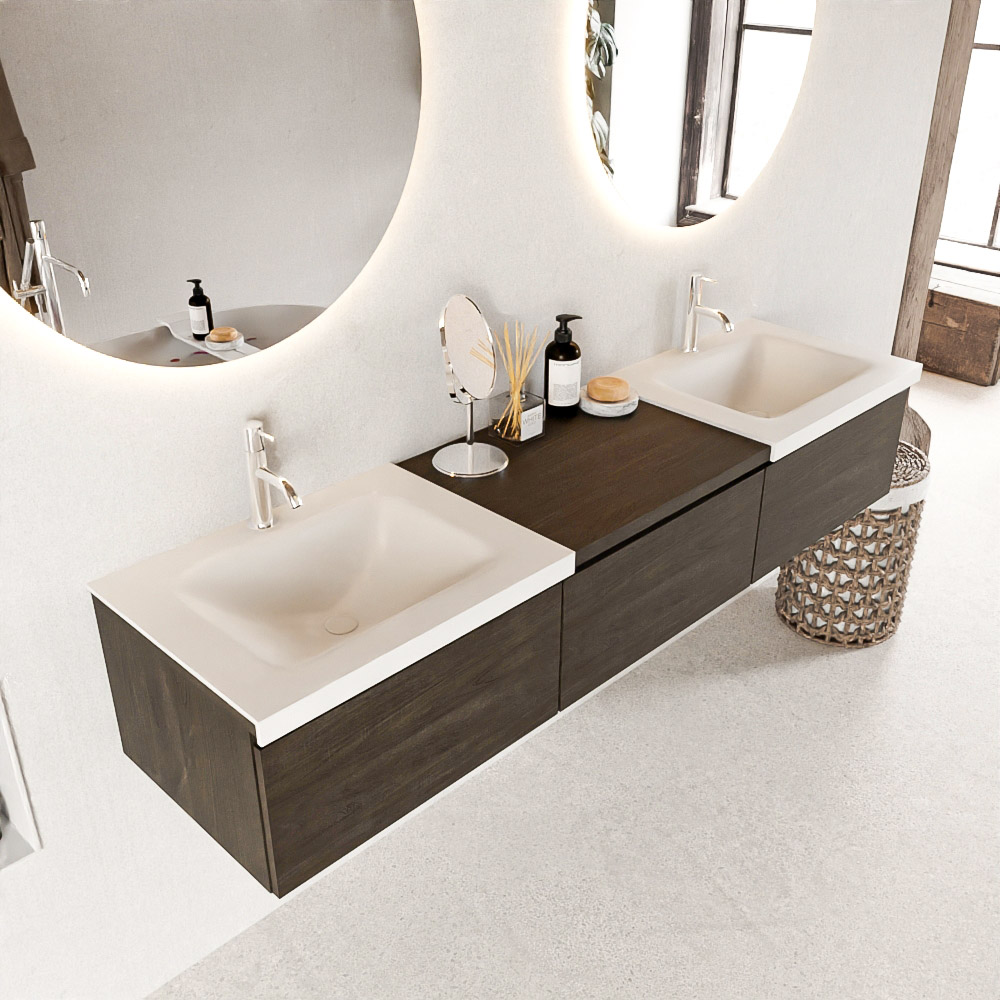 MONDIAZ BUKLA 180cm mueble de baño con módulo 60 Dark Brown 3 cajones. Lavabo CLOUD duble 1 orificio color Talc 1 MONDIAZ BUKLA 180cm mueble de baño con módulo 60 Dark Brown 3 cajones. Lavabo CLOUD duble 1 orificio color Talc