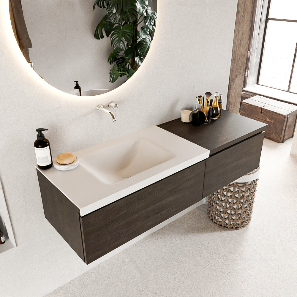 MONDIAZ BUKLA 140cm mueble de baño con módulo 60 Dark Brown 2 cajones. Lavabo CLOUD izquierda sin orificios color Talc 1 MONDIAZ BUKLA 140cm mueble de baño con módulo 60 Dark Brown 2 cajones. Lavabo CLOUD izquierda sin orificios color Talc
