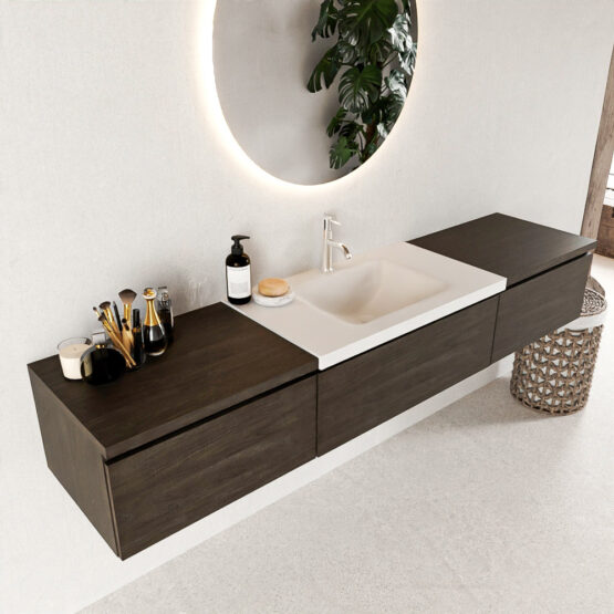 MONDIAZ BUKLA 200cm mueble de baño con módulo 60 Dark Brown 3 cajones. Lavabo CLOUD centro 1 orificio color Talc
