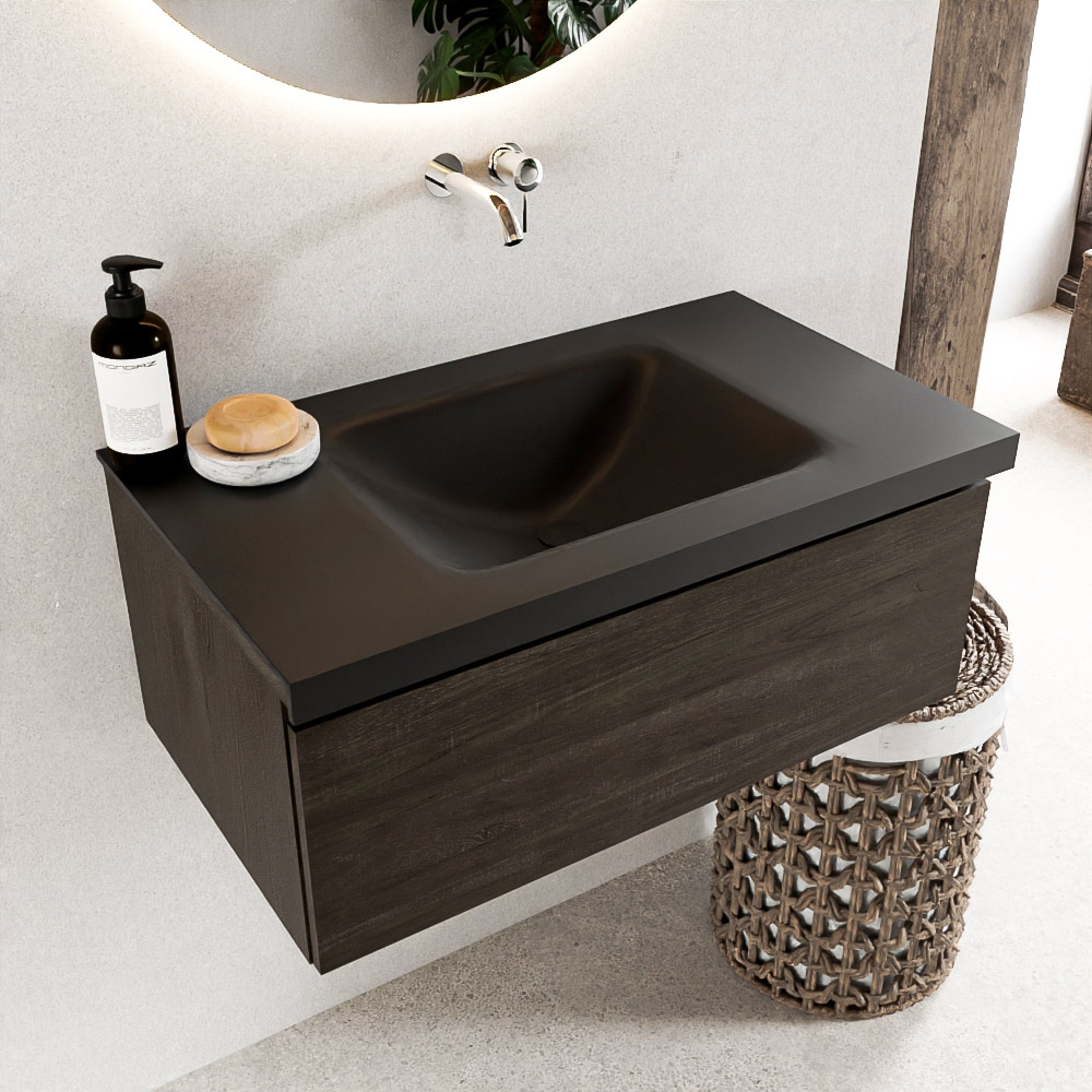 MONDIAZ BUKLA 80cm mueble de baño Dark Brown 1 cajón. Lavabo CLOUD centro sin orificios color Urban 1 MONDIAZ BUKLA 80cm mueble de baño Dark Brown 1 cajón. Lavabo CLOUD centro sin orificios color Urban
