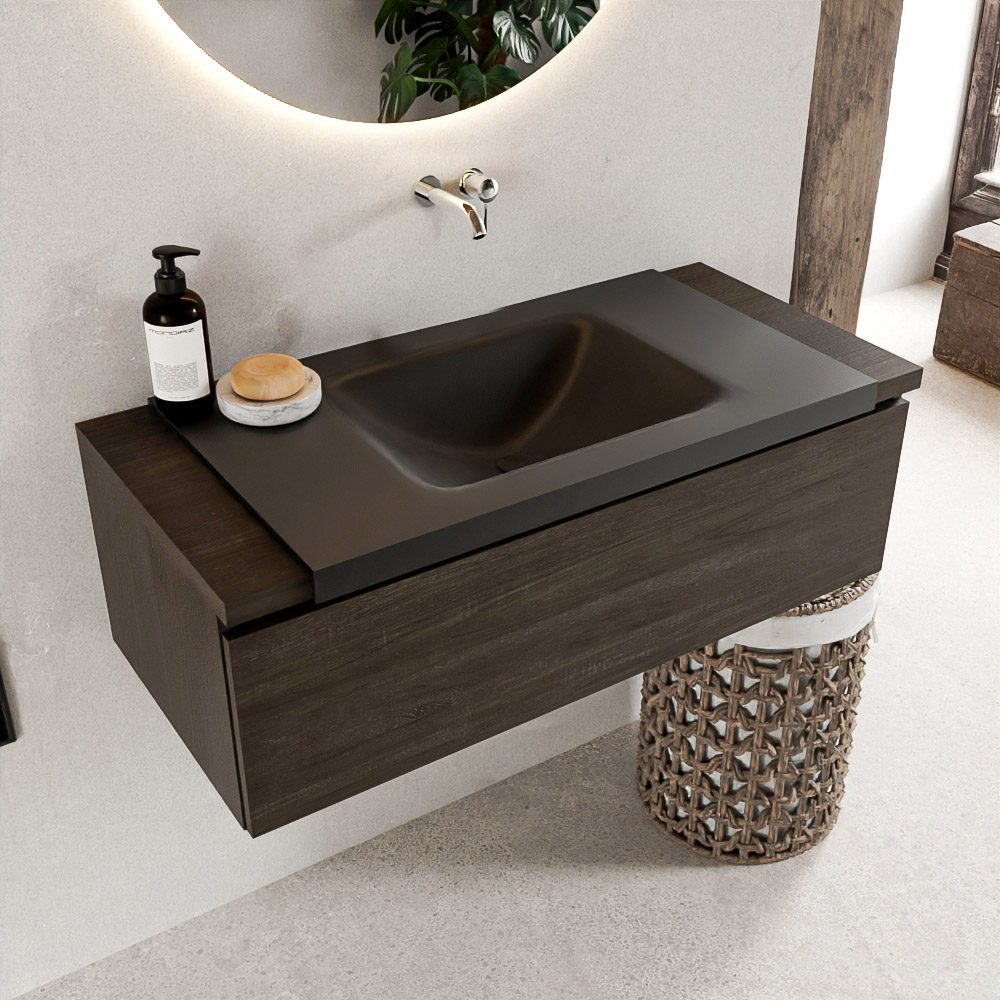 MONDIAZ BUKLA 100cm mueble de baño Dark Brown 1 cajón. Lavabo CLOUD centro sin orificios color Urban 1 MONDIAZ BUKLA 100cm mueble de baño Dark Brown 1 cajón. Lavabo CLOUD centro sin orificios color Urban