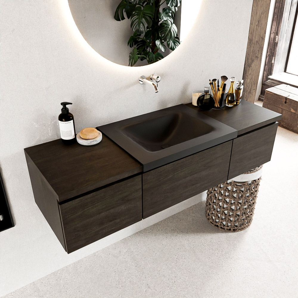 MONDIAZ BUKLA 140cm mueble de baño con módulo 40 Dark Brown 3 cajones. Lavabo CLOUD centro sin orificios color Urban 1 MONDIAZ BUKLA 140cm mueble de baño con módulo 40 Dark Brown 3 cajones. Lavabo CLOUD centro sin orificios color Urban