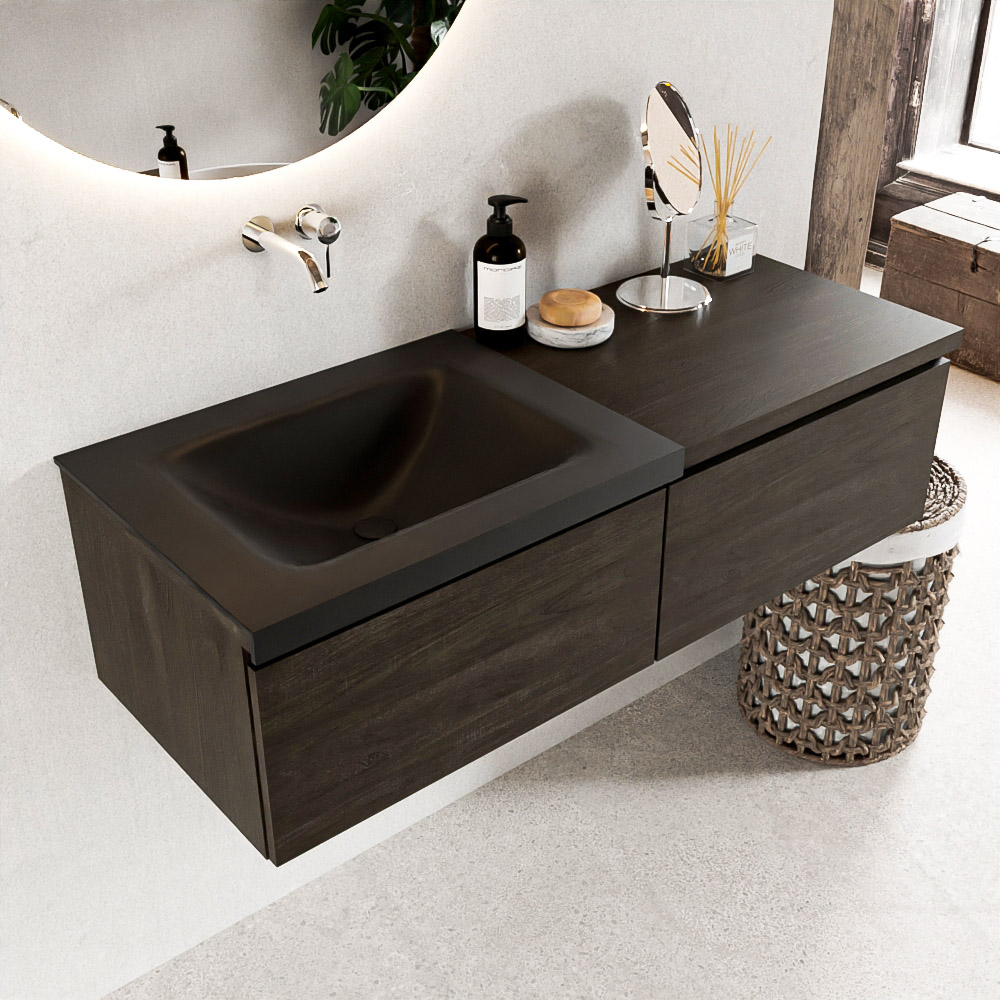 MONDIAZ BUKLA 120cm mueble de baño con módulo 60 Dark Brown 2 cajones. Lavabo CLOUD izquierda sin orificios color Urban 1 MONDIAZ BUKLA 120cm mueble de baño con módulo 60 Dark Brown 2 cajones. Lavabo CLOUD izquierda sin orificios color Urban