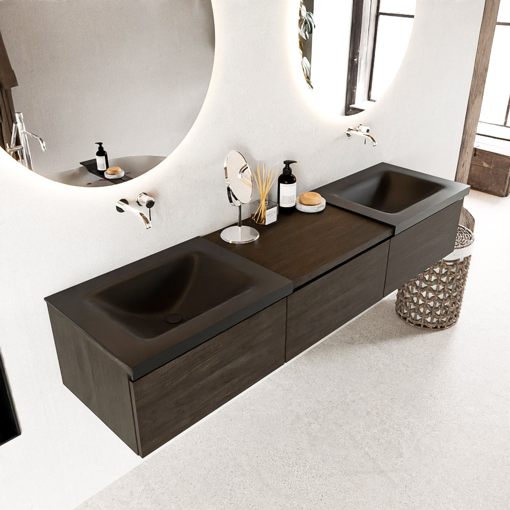 MONDIAZ BUKLA 180cm mueble de baño con módulo 60 Dark Brown 3 cajones. Lavabo CLOUD duble sin orificios color Urban 1 MONDIAZ BUKLA 180cm mueble de baño con módulo 60 Dark Brown 3 cajones. Lavabo CLOUD duble sin orificios color Urban