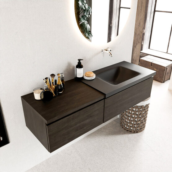 MONDIAZ BUKLA 140cm mueble de baño con módulo 60 Dark Brown 2 cajones. Lavabo CLOUD derecho sin orificios color Urban