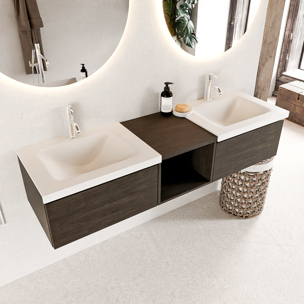 MONDIAZ BUKLA 160cm mueble de baño con módulo abierto 40 Dark Brown 2 cajones. Lavabo CLOUD duble 2 orificios color Talc 1 MONDIAZ BUKLA 160cm mueble de baño con módulo abierto 40 Dark Brown 2 cajones. Lavabo CLOUD duble 2 orificios color Talc