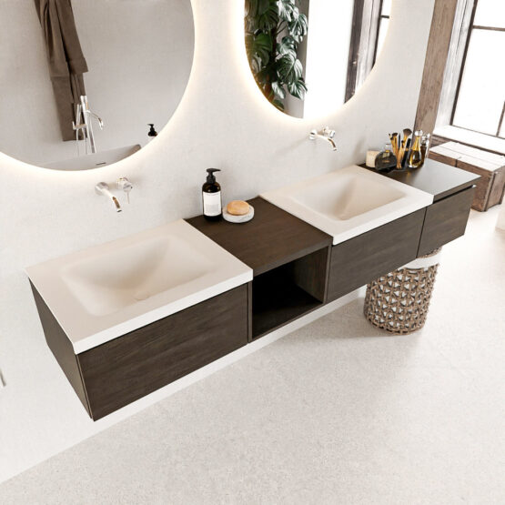MONDIAZ BUKLA 200cm mueble de baño con módulo abierto 40 izquierda Dark Brown 3 cajones. Lavabo CLOUD duble sin orificios color Talc